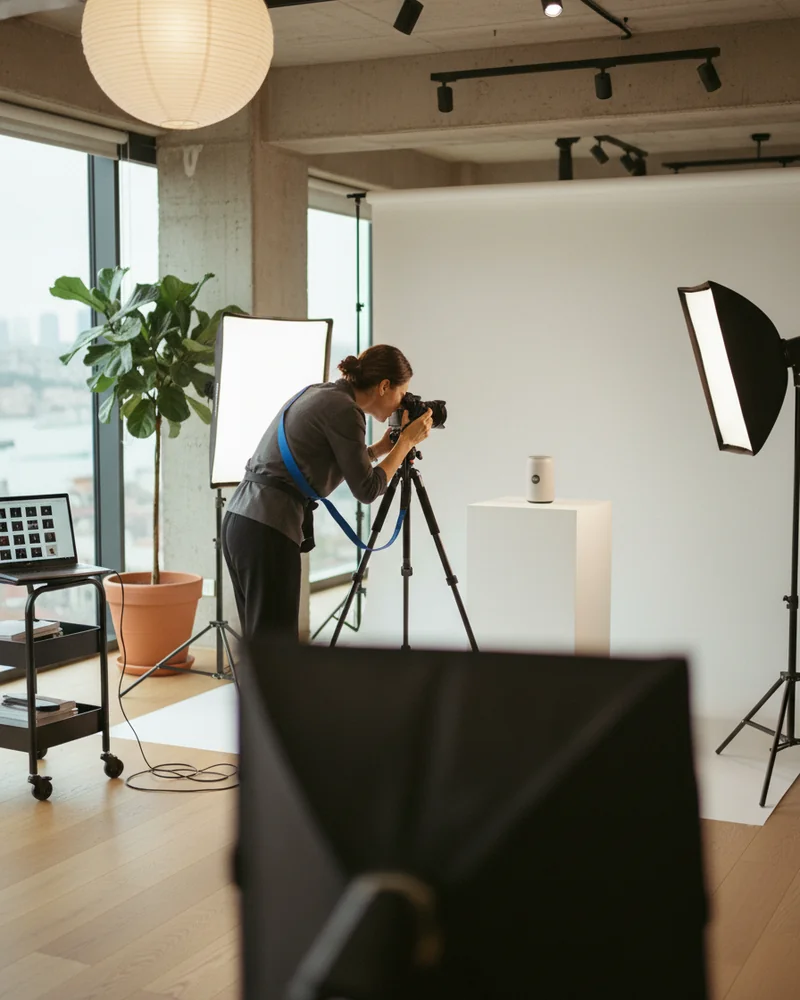 Profesyonel stüdyoda softbox ışıkları arasında e-ticaret ürün fotoğraf çekimi yapılıyor