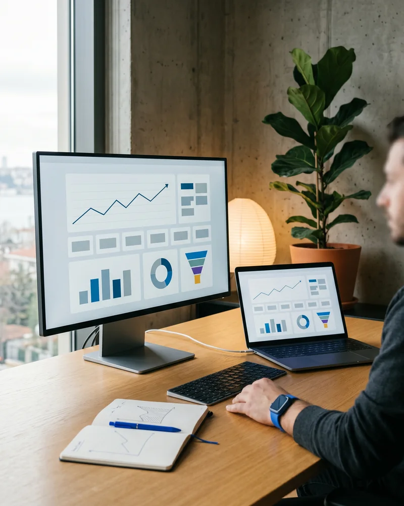 Advertising agency strategist reviewing a multi-channel paid media dashboard on a widescreen monitor