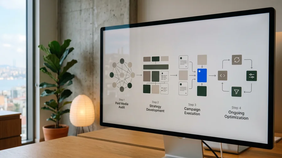 Four-stage advertising agency process from paid media audit to ongoing optimization