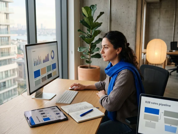Desk with a tablet showing an ecommerce store and a screen showing a B2B sales pipeline view