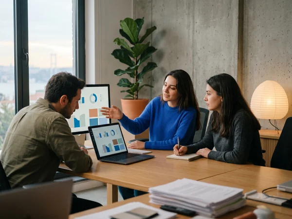 Two professionals reviewing a B2B email nurture sequence and lead scoring board