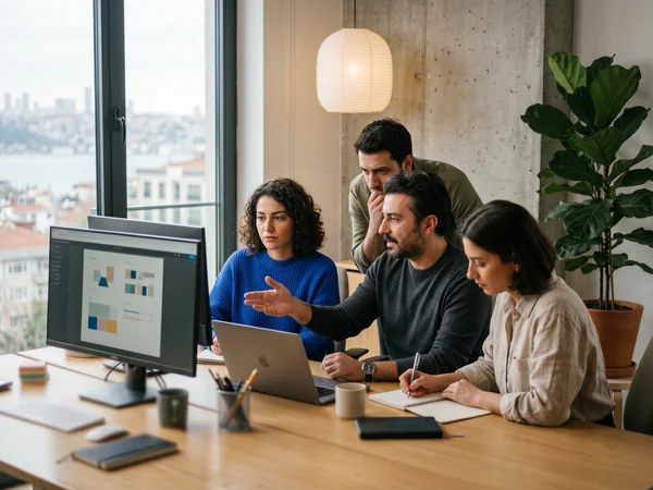Benji's Digital team reviewing a Shopify AI visibility dashboard together in an Istanbul studio