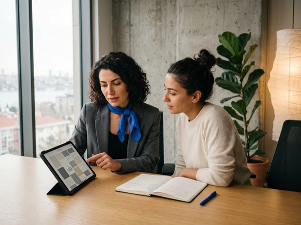 Content strategist and client reviewing engagement options and an editorial calendar on a tablet