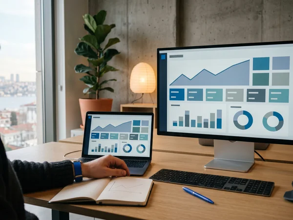 Content marketing analytics dashboard showing organic traffic growth, rankings, and lead trends on a laptop