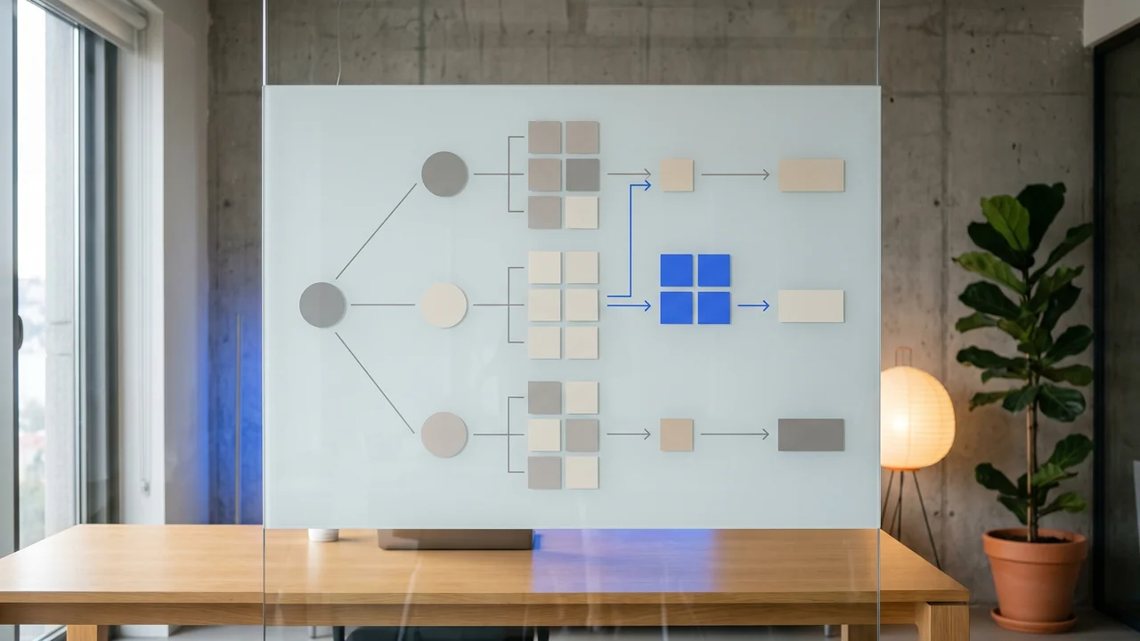 Strategist mapping content pillars and topic clusters on a glass whiteboard with connected nodes