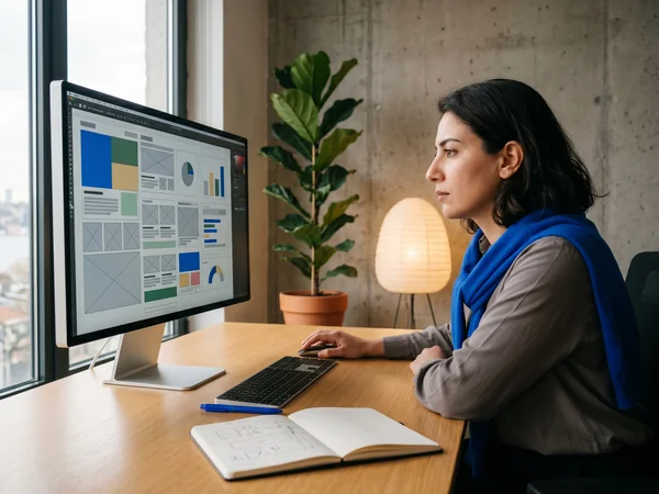 Designer building a custom website interface with color system and components on screen