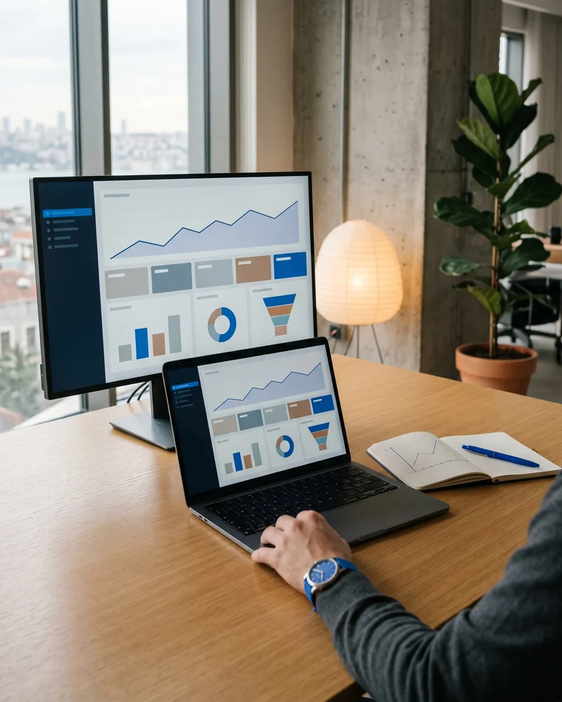 Marketing strategist reviewing a multichannel ecommerce marketing dashboard on a laptop in a bright office