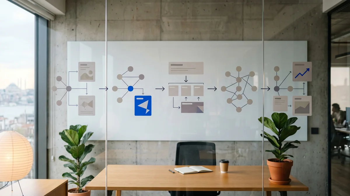 Five-step eCommerce SEO process diagram from discovery audit to monthly tracking