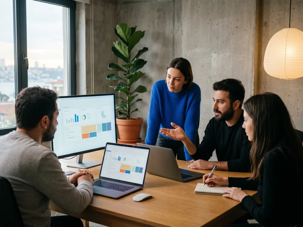 Enterprise SEO team collaborating with software engineers around a deployment and roadmap board