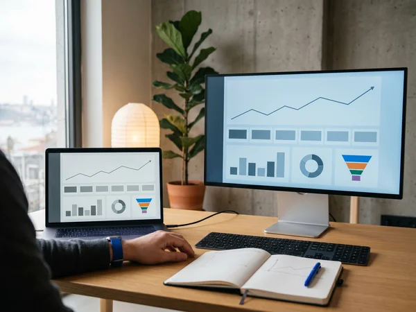 Analyst reviewing server log file data and crawl monitoring dashboards for an enterprise website