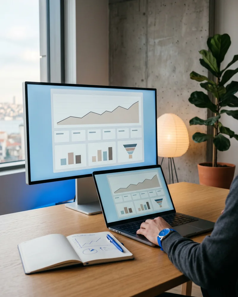 Enterprise SEO strategist reviewing large scale search analytics across multiple monitors in a corporate operations room