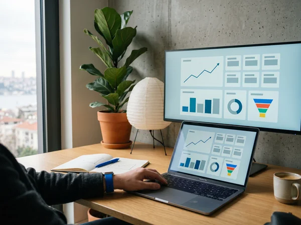 Analytics dashboard showing rising ROAS and conversion charts for Facebook ad campaigns
