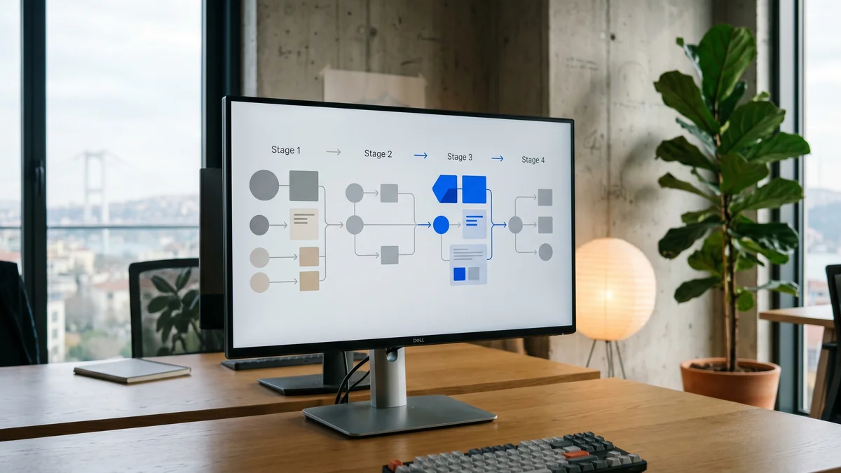 Four connected stages of the generative engine optimization process flowing left to right