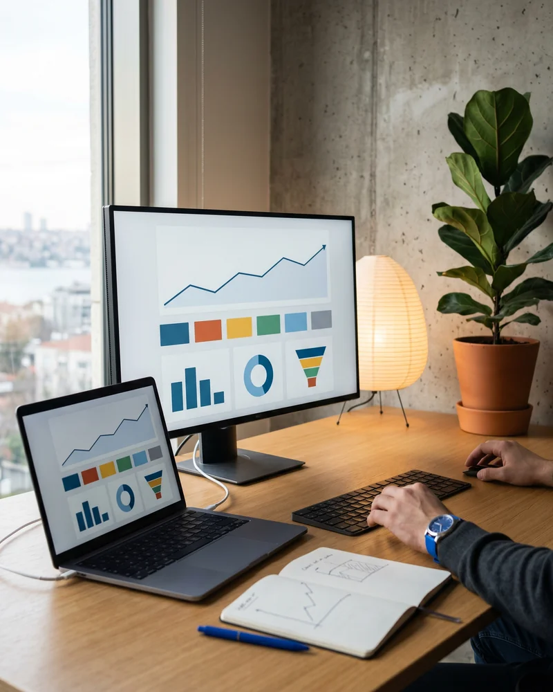 Strategist reviewing a GEO audit dashboard of brand visibility scores across AI search engines