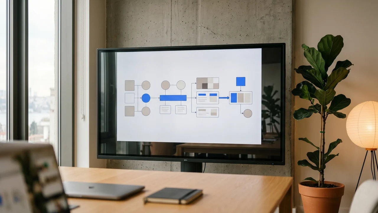 Strategist mapping a four-stage Google Ads campaign management workflow on a glass wall