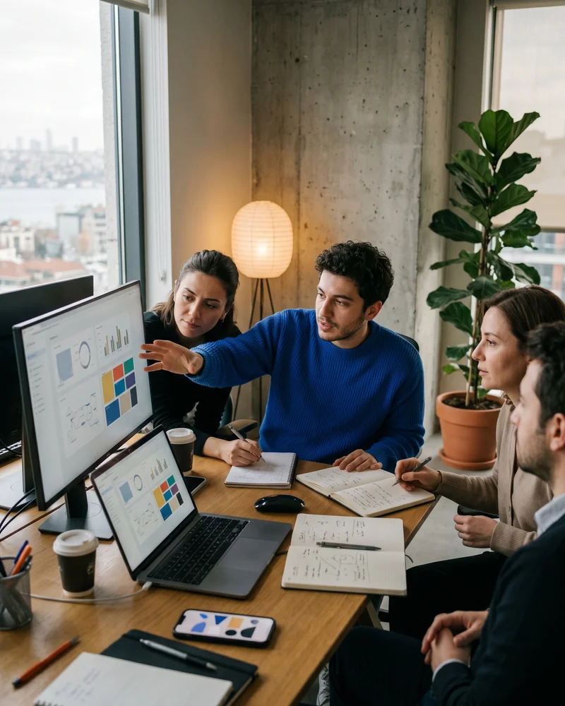 Marketer reviewing Instagram advertising performance on phone and laptop in a modern studio
