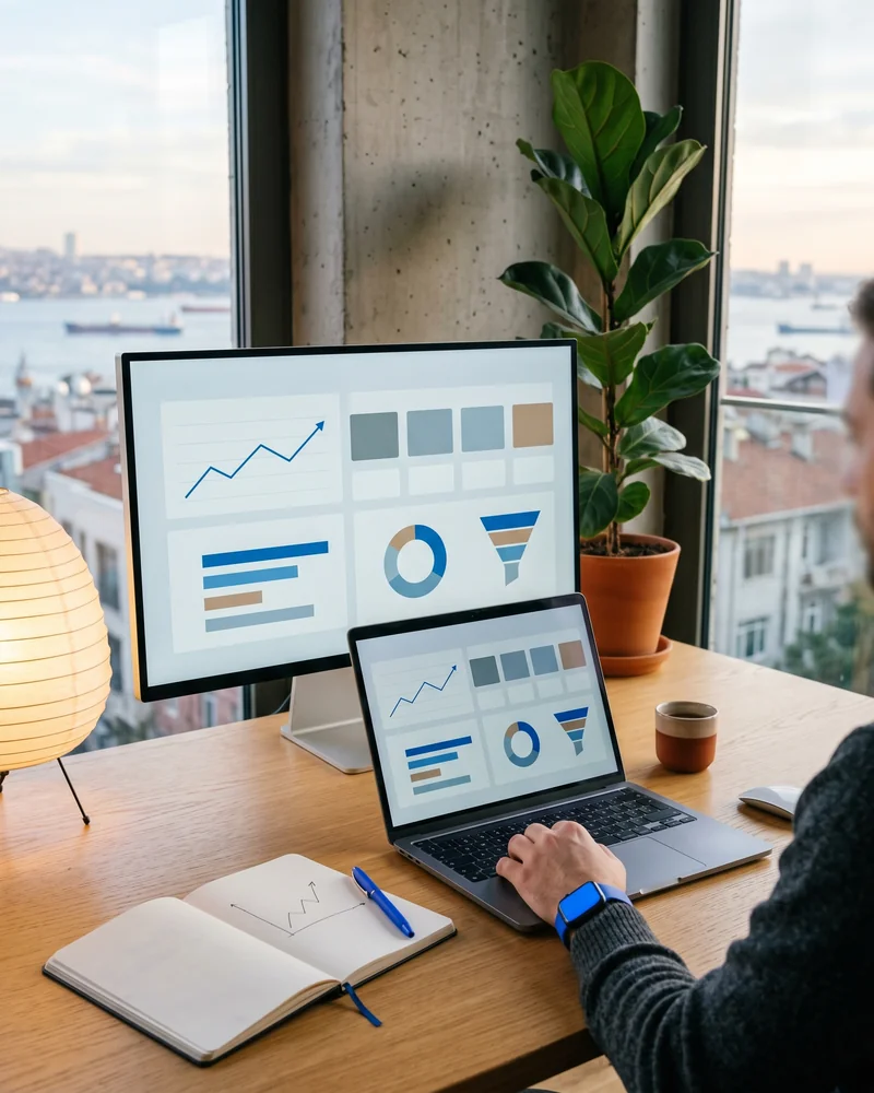 Multilingual SEO analytics dashboards displayed across three monitors in a modern international SEO services workspace