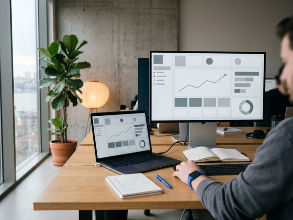 Link building for ecommerce, B2B, and recovery shown across a laptop, store dashboard, and trend line