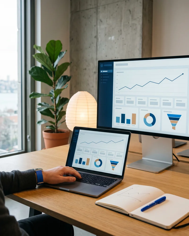 Outreach strategist reviewing a backlink and referring domains dashboard during a link building campaign