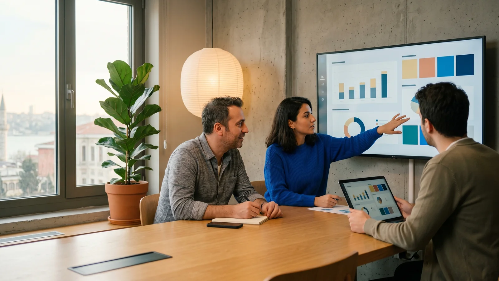 B2B marketing team reviewing LinkedIn ad campaign performance on a large meeting room screen