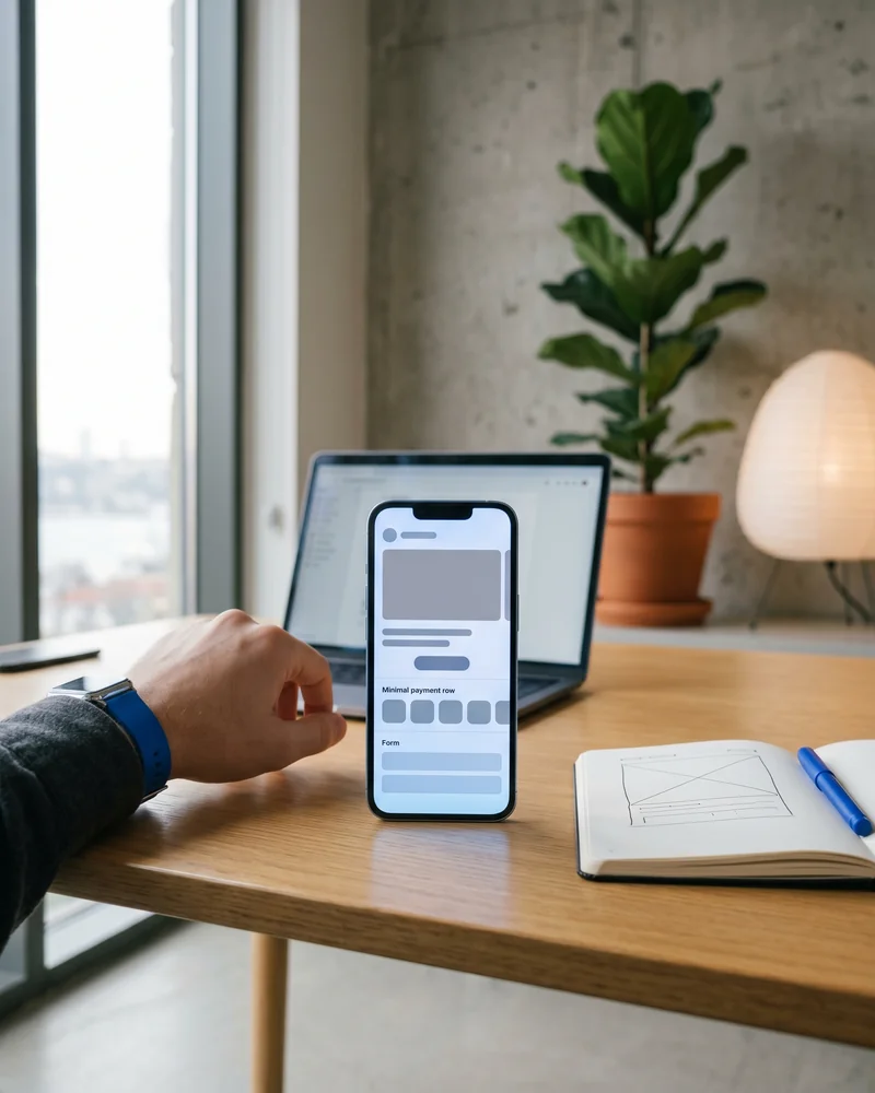 Modern marketing workspace with Meta ads dashboard, smartphone ad preview, and notebook