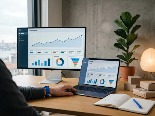 Multi-country e-commerce export workspace with shipping documents, packaging samples, and Shopify multi-region dashboard