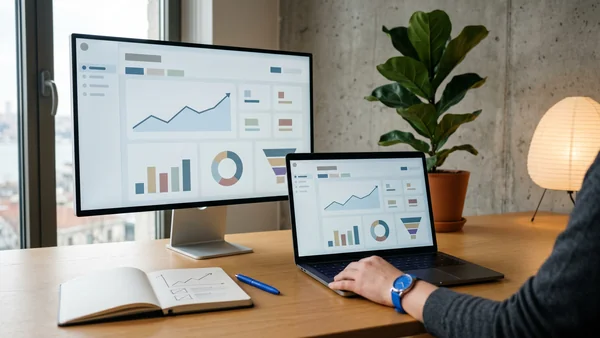 Laptop showing email marketing subscriber growth chart on a clean bright desk