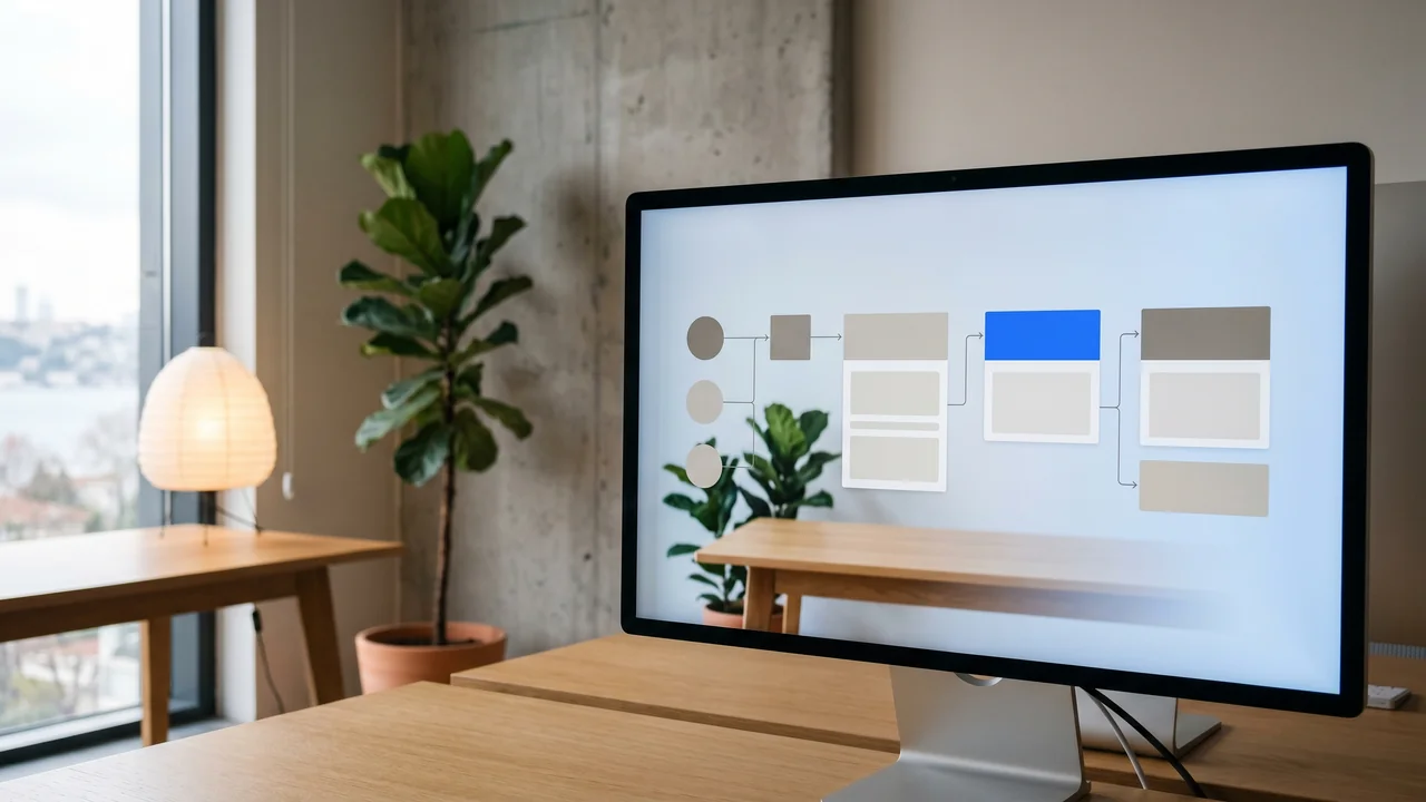 Strategist mapping a four stage PPC management workflow on a glass wall with sticky notes