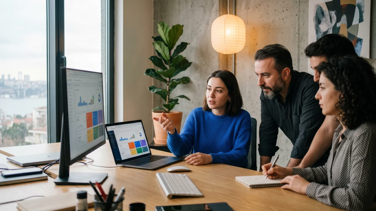 Digital marketing team reviewing PPC campaign structure and keyword themes on a large monitor