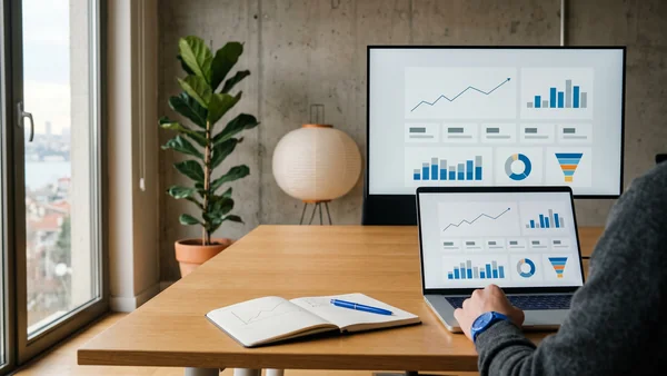 Data heavy SaaS dashboard with charts and sidebar navigation on a widescreen monitor