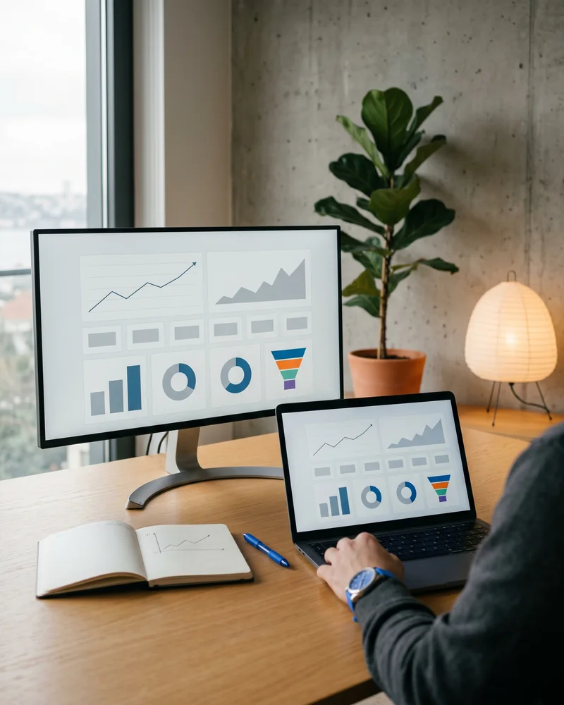 Senior SEO analyst workstation with audit dashboards showing crawl data and Core Web Vitals