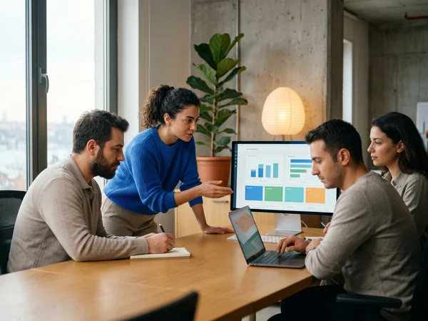 SEO company team collaborating around a screen in a bright modern workspace