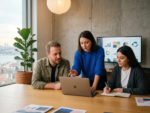 SEO consultant coaching an in house marketer through a keyword strategy on a laptop