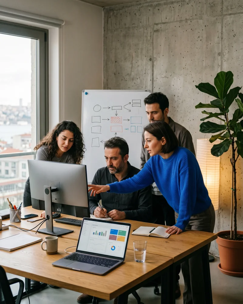 SEO consultant presenting a search growth roadmap to a marketing team at a whiteboard