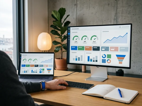 Core Web Vitals dashboard with LCP, INP, and CLS gauges in the green zone for a Shopify store