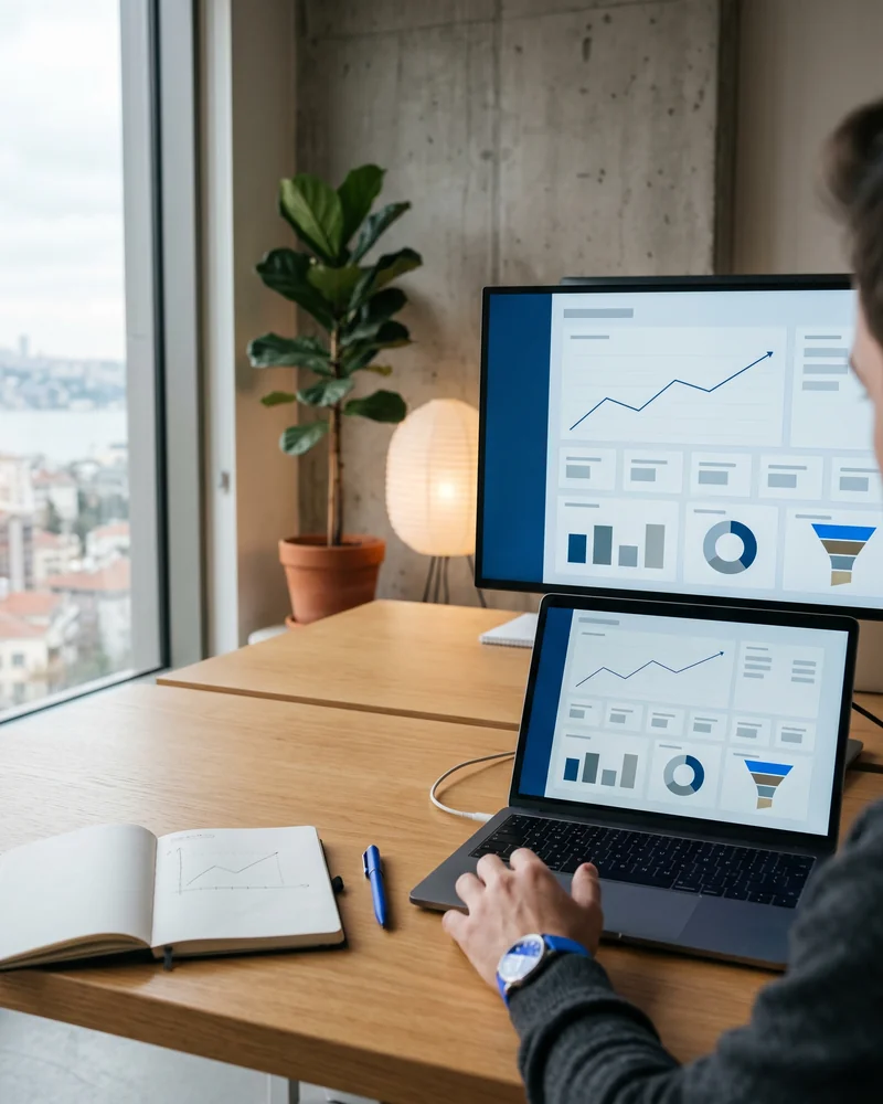 Ecommerce specialist reviewing Shopify CRO analytics and heatmap data on dual monitors