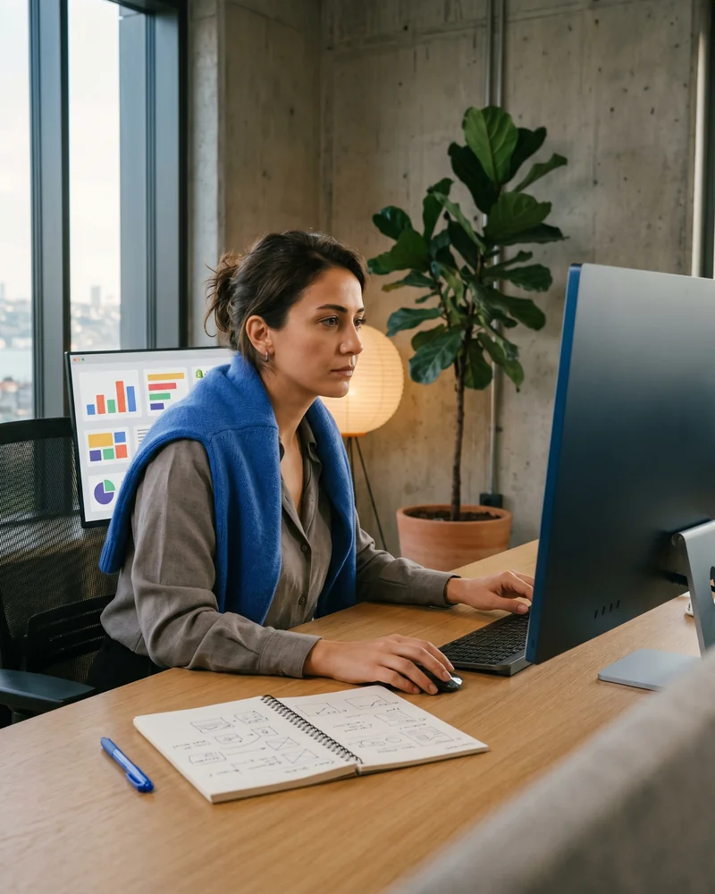 Shopify product page beside an AI chat answer recommending and citing that store on a clean desk