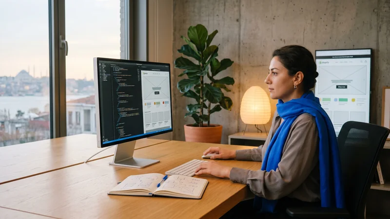 Developer monitor showing Liquid template code next to a Shopify storefront preview