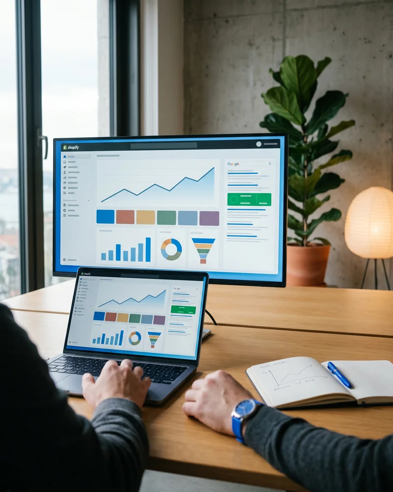 Shopify admin dashboard and Google search results with a green Core Web Vitals score card on a clean desk