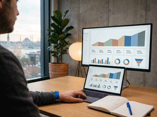 Shopify analytics dashboard showing conversion drop and app performance issues on a designer's monitor