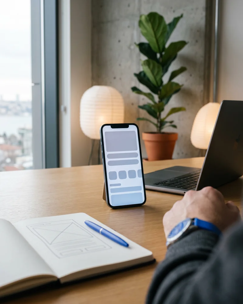 Custom Shopify theme shown on laptop and phone on a designer desk