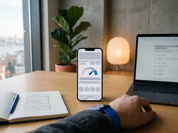 Fast loading Shopify store on a phone with a speed gauge motif behind it