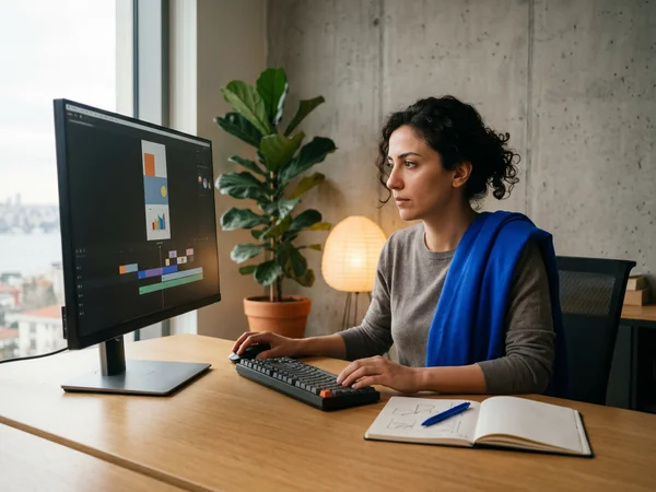 Editor working on a vertical short-form video timeline for social media on a 27-inch display