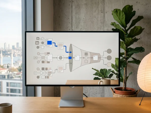 Illustration of LinkedIn, Meta, and video platforms feeding one advertising funnel