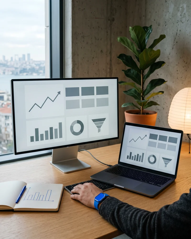 Strategist reviewing social media advertising dashboards on a large office monitor