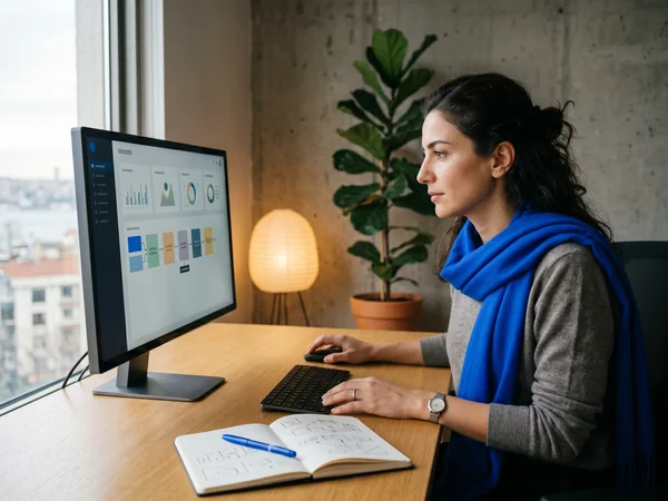 Strategist combining organic, paid, and content workstreams onto one monitor at a social media agency