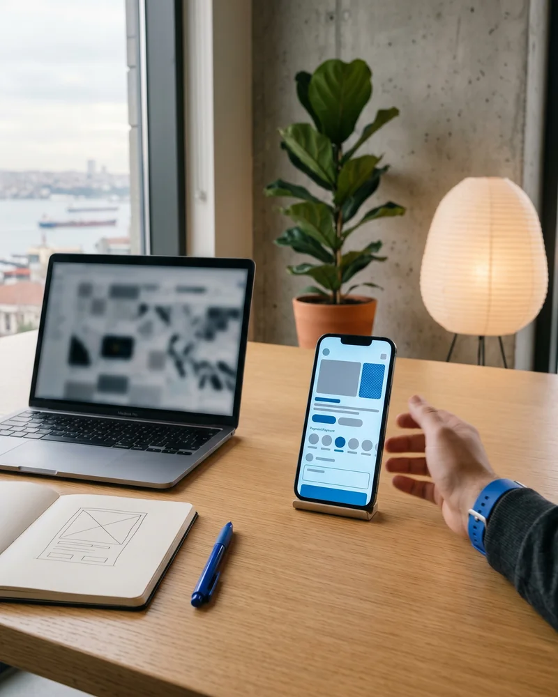Phone, tablet, and laptop showing Instagram, LinkedIn, TikTok, and Facebook feeds managed by a social media agency