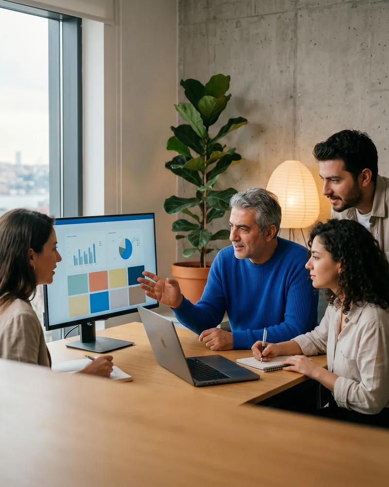 Social media management team reviewing a monthly content calendar on a large studio monitor