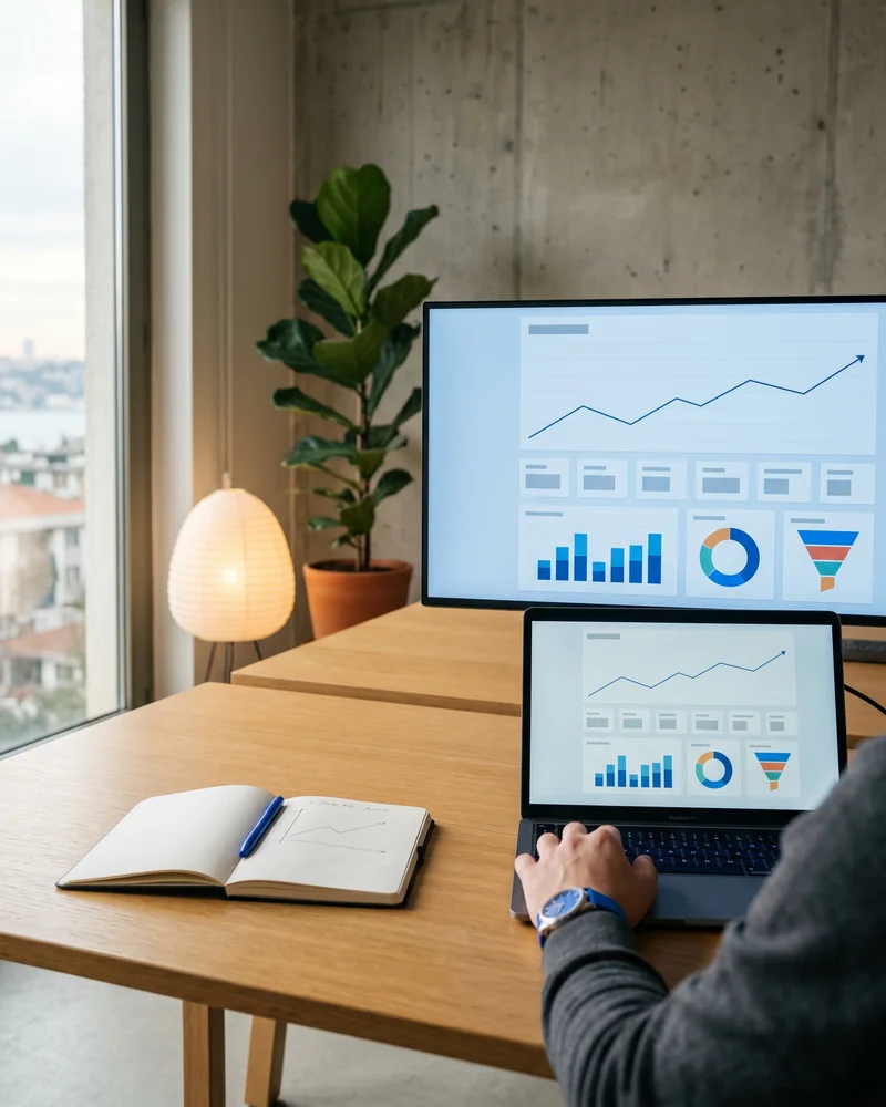 Technical SEO engineer reviewing a site crawl map and Core Web Vitals dashboards on dual monitors