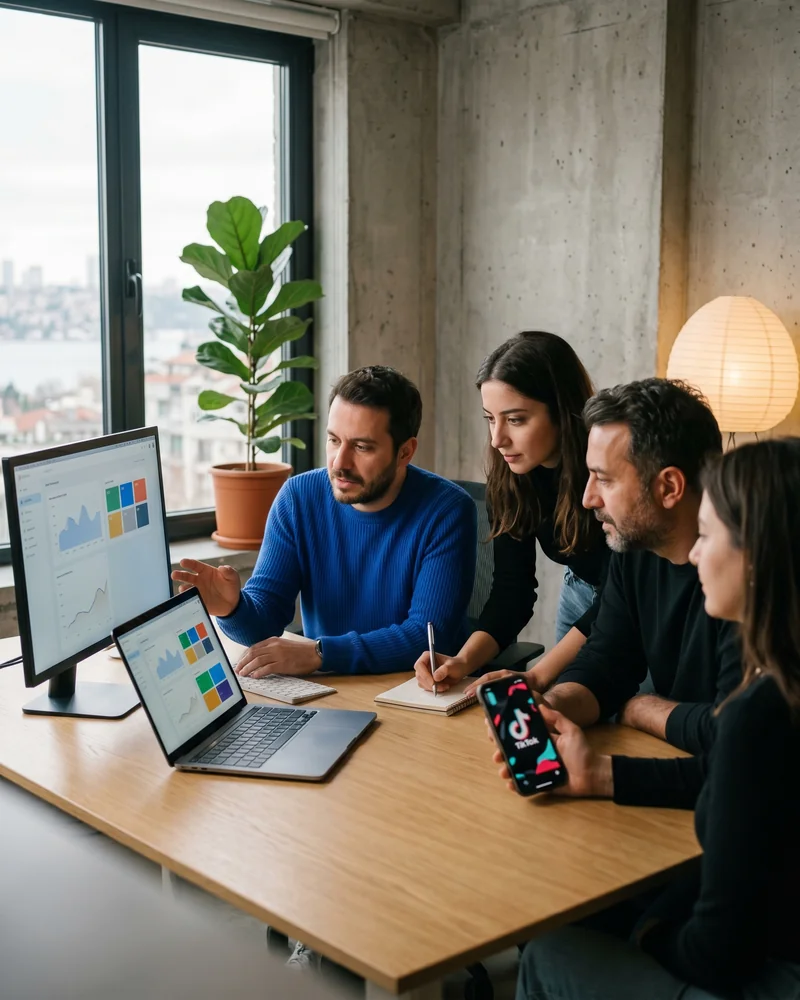 Marketer reviewing TikTok advertising performance on a vertical phone and laptop in a bright studio